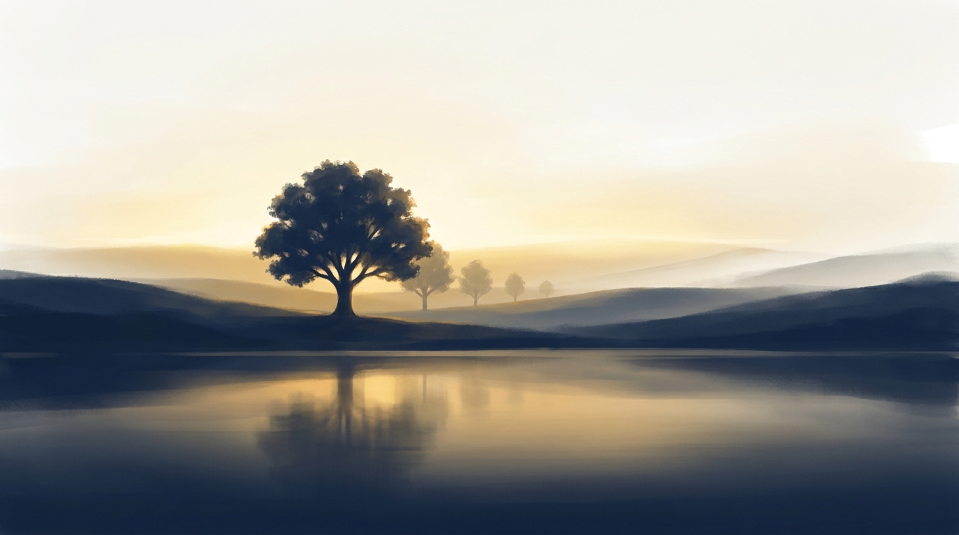 A solitary mature tree on the shore of a still watershed at dawn, with younger trees receding across layered hills under a golden horizon — a quiet evocation of seven-generation stewardship.